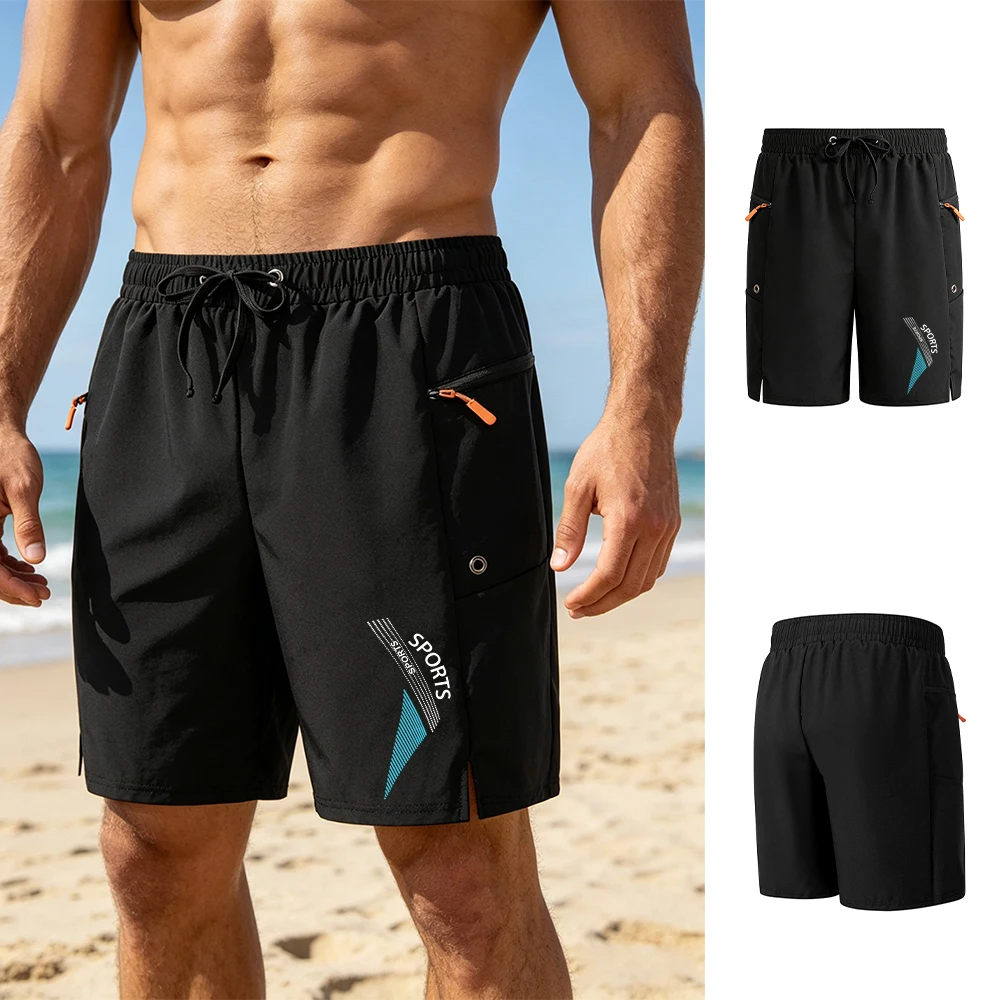 Men's Creative Sports Pattern Print Surf Beach Shorts Quick Drying Zipper Pocket Casual Shorts Summer Running And Cycling Shorts