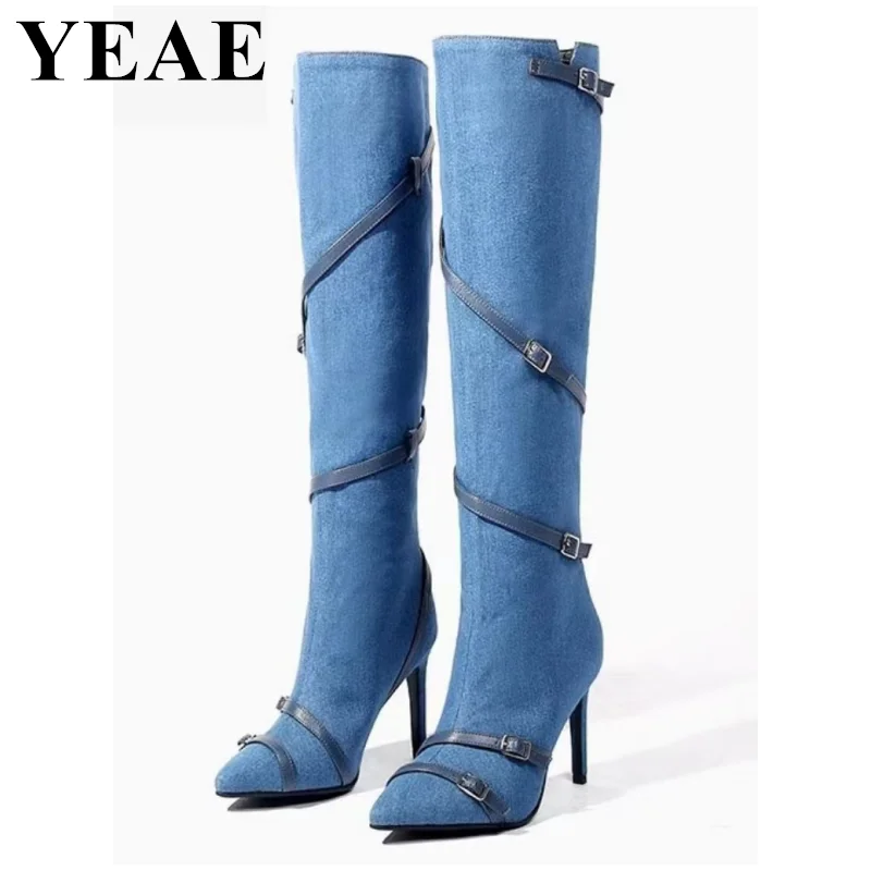 

Denim Blue Buckle Strap Cross-tied Knee High Boots Woman High Heel Pointed Toe Cowboy Boots For Women Design Shoes Large Size 43