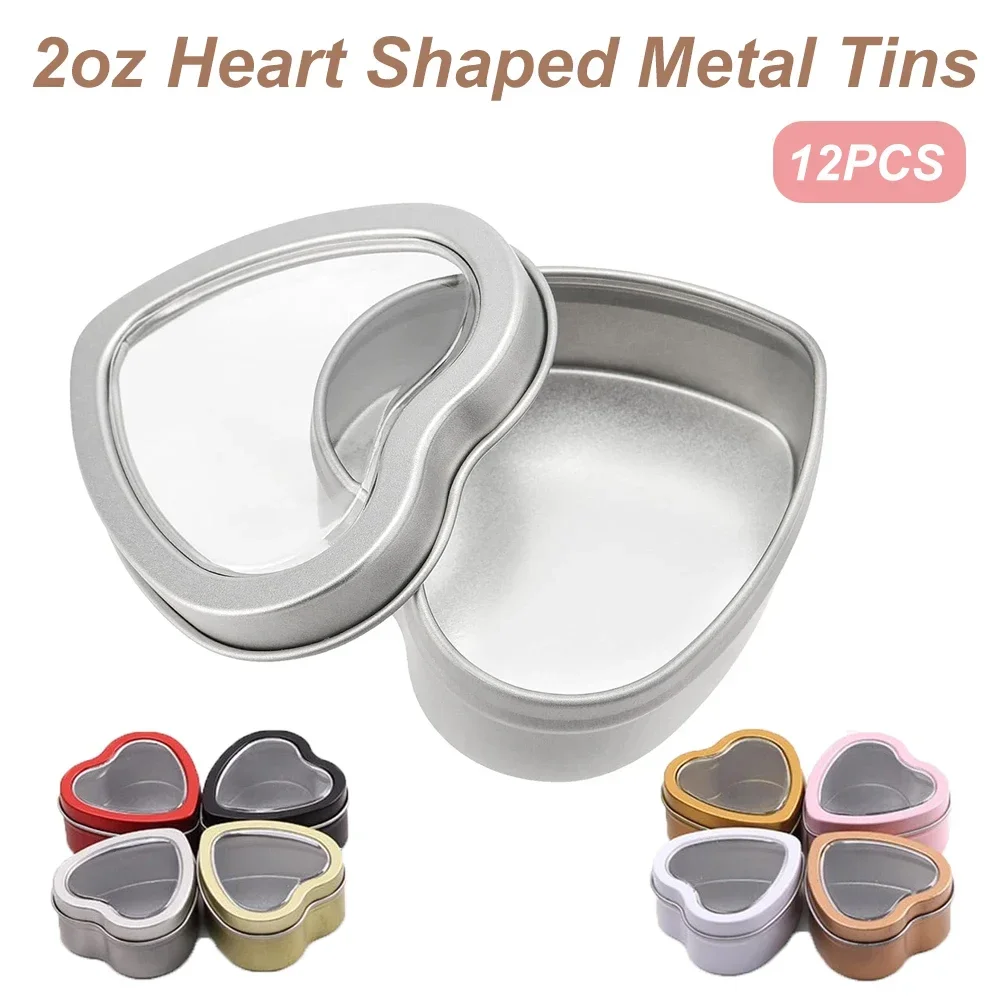 12PCS 2oz Heart Shaped Metal Tins with Clear Window Lids Tinplate Empty Candy Jars Empty Candle Jars Candies Cans DIY Crafts