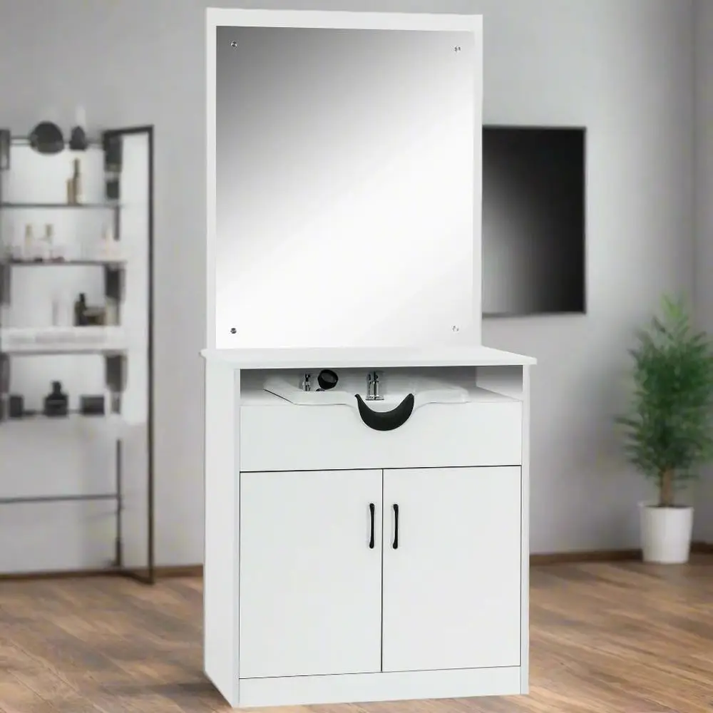 White Shampoo Bowl Sink Chair Station with Mirror and Styling Cabinet for Spa Equipment