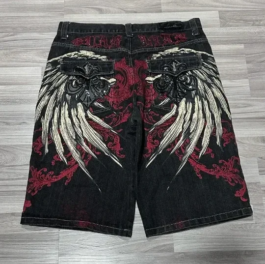 Pantalones cortos de mezclilla con bordado de fe religiosa, estilo Harajuku, gótico, hip-hop, retro, de cinco puntos, para verano, 2024