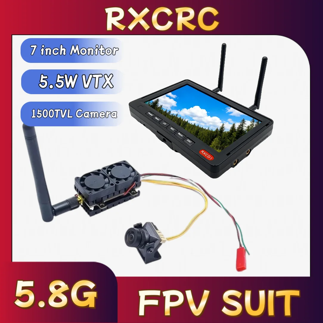 

RXCRC 5.8G 5.5W VTX Camera 1500TVL Night vision 135° 2.1mm FPV 7 inch Monitor 56CH With DVR.for FPV Long Range Fixedwing Drones