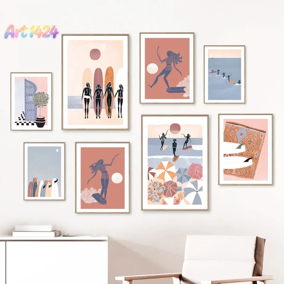 Summer Sea Beach Surf Girl Sun Modern Blue Abstract Poster Aesthetics Prints Wall Art Painting On Canvas Boho Living Room Dec