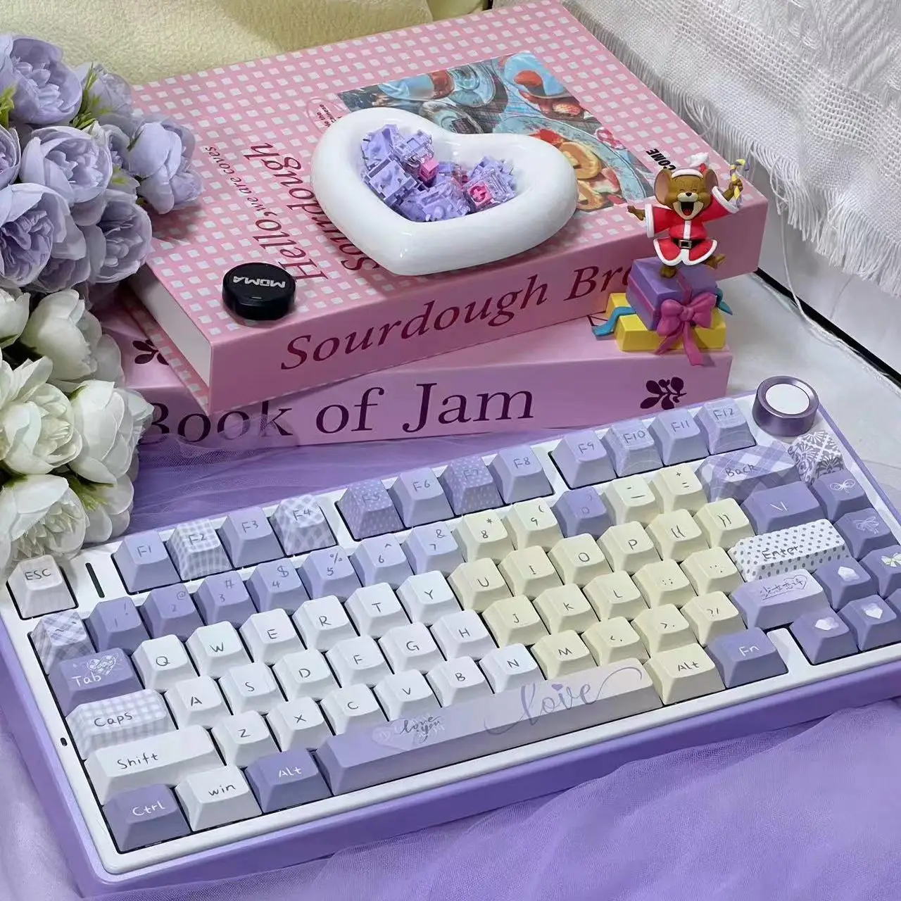 Girl Love Poetry Keycap Purple Yellow White Cherry Qx3 Diy Keycap Pbt Sublimation 120 Key Moa Keycaps