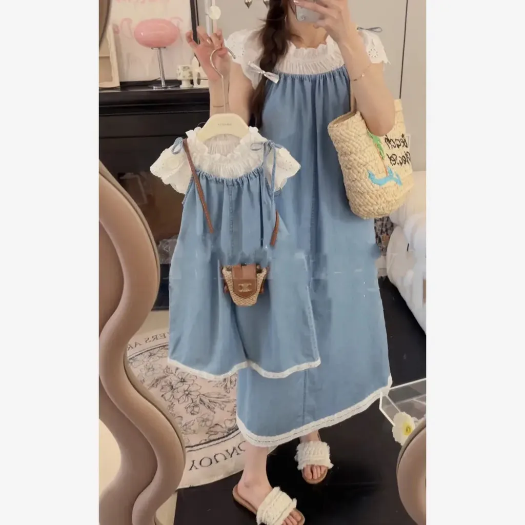 Kid's Parent-Child Parent-Child Clothing Mother-Daughter Clothing Dress Mother-Daughter Clothing Summer Korean Version Deni