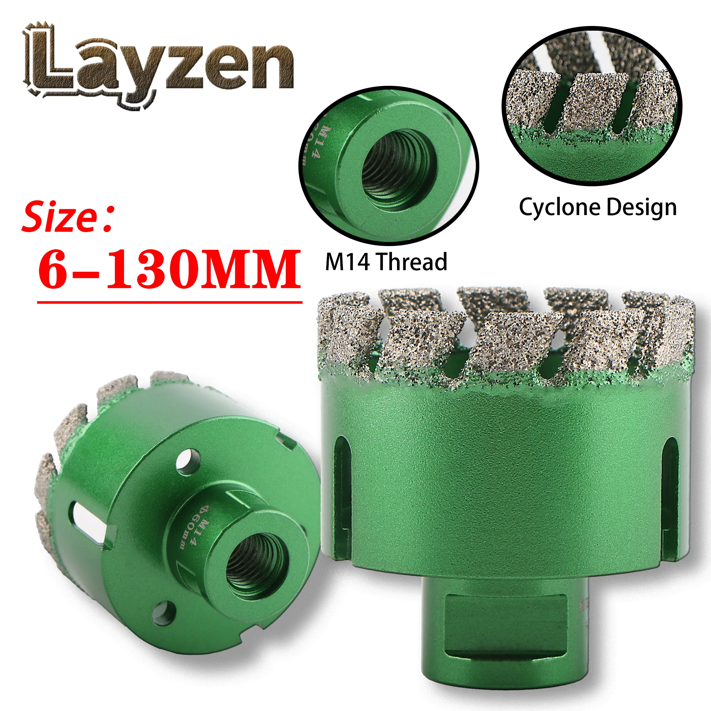 

M14 Thread Vacuum Brazed Diamond Dry Drill Bit Core Bit Hole Saw Cyclone Type 6-130mm For Porcelain Tile Granite Marble Stone
