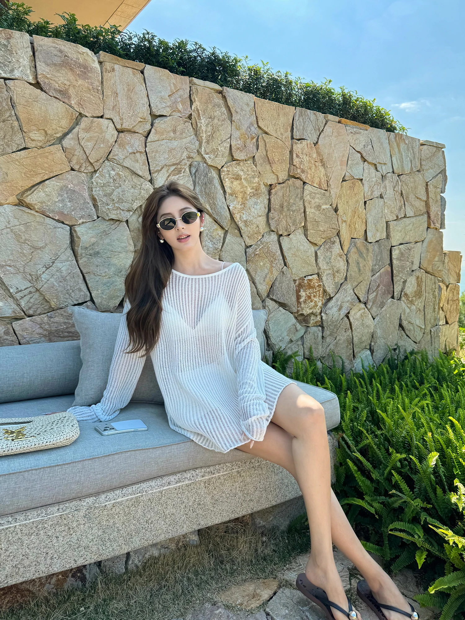 

NEVA HU Summer Free Knitted Sunshade Cover up Loose Slim Fit Thin Long Sleeve Top Hollow out Design Women's Fashionable Sweater