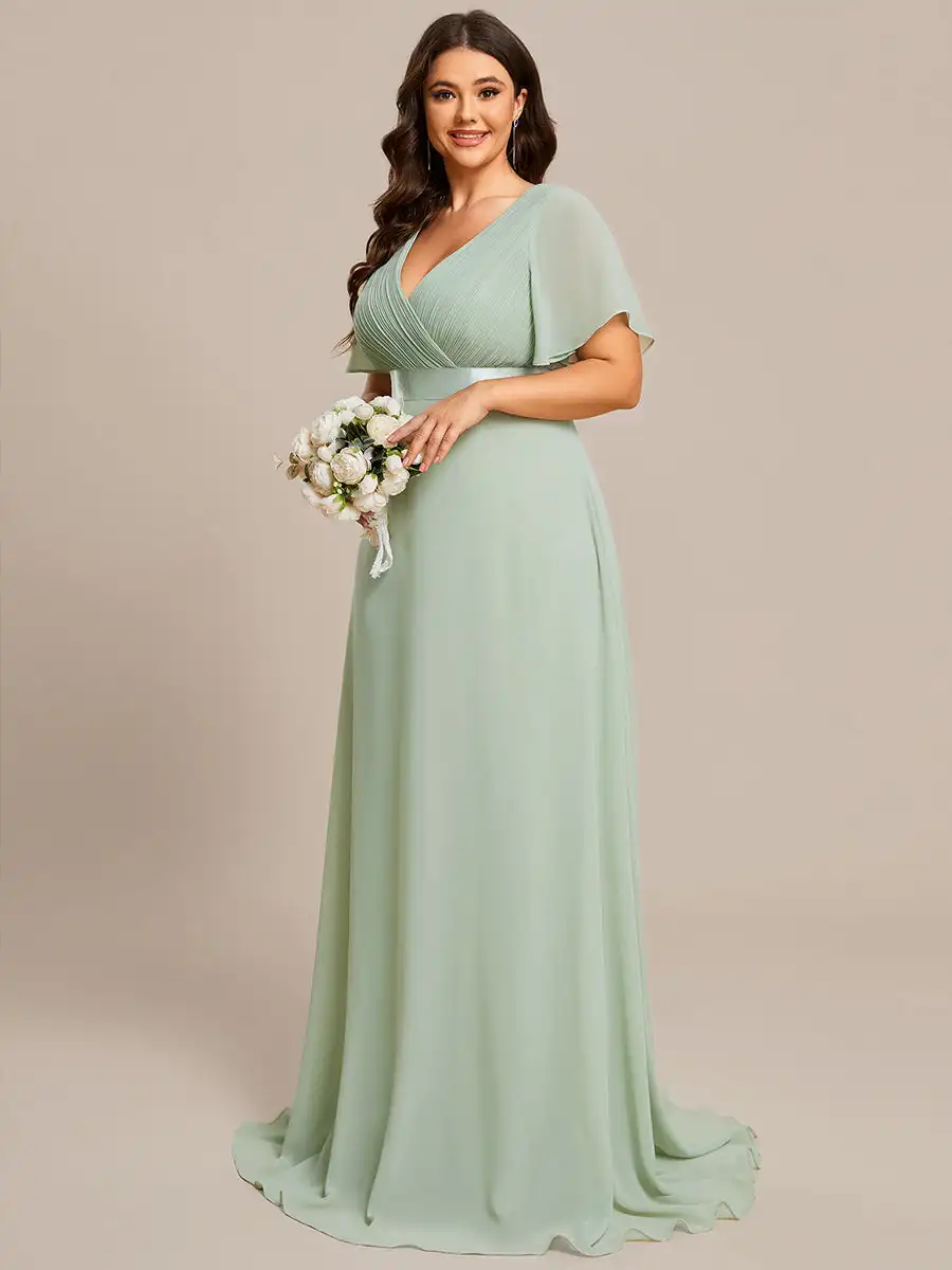 Plus Size Evening Dresses Long A-LINE Double V-Neck Ruffles Gown 2024 Ever Pretty of Chiffon Mint Green Bridesmaid Women Dress