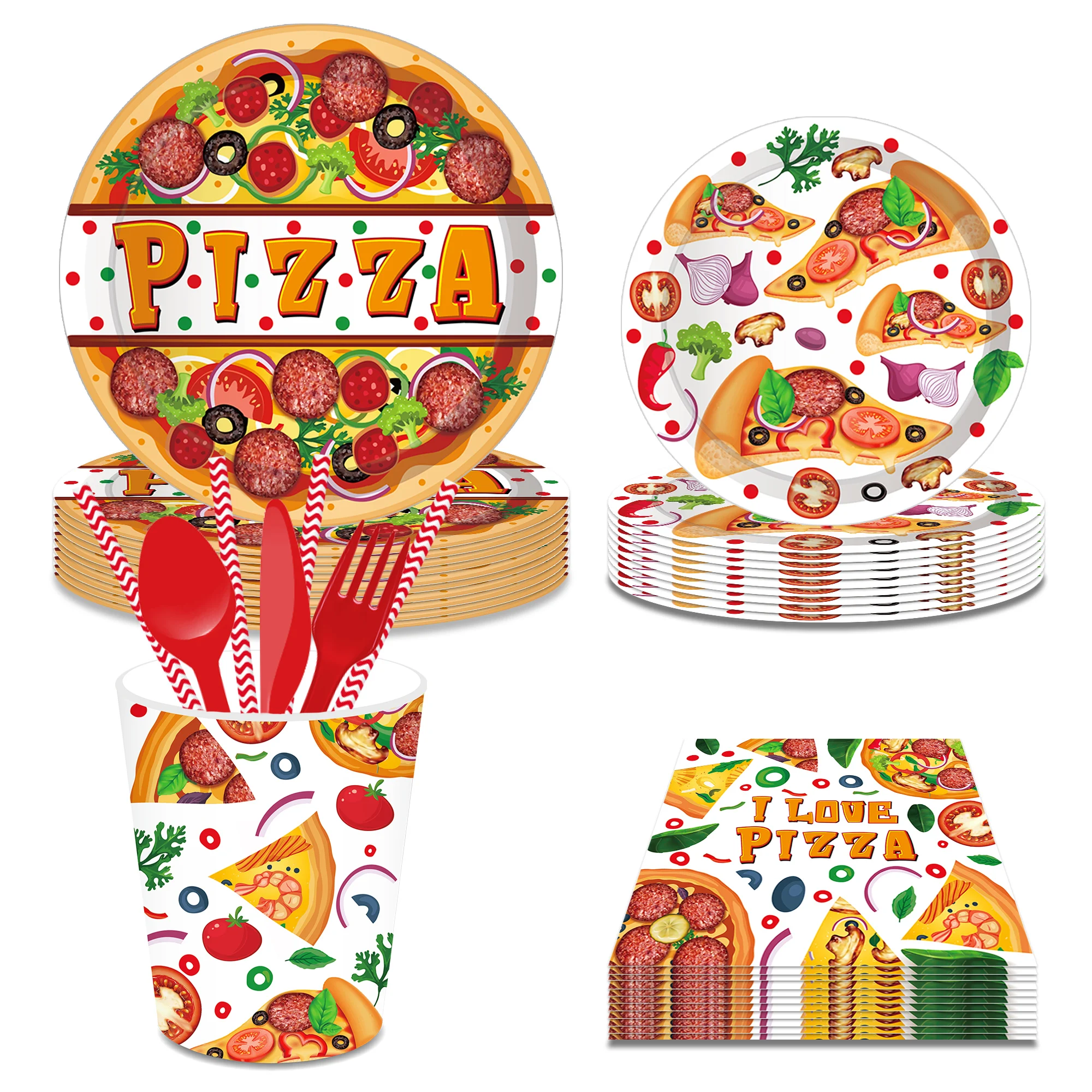 Cartoon Pizza Food Party Disposable Tableware Sets Birthday Barbecue Camping Plates Cups Napkins Baby Shower Party Picnic Decor