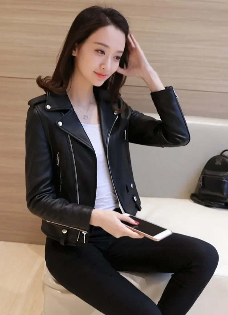 Women New Black Pu Jackets Chic Slim Solid Colors Pu Leather Jackets Zipper Long Sleeve Motorcycle Style Clothing Spring Autumn