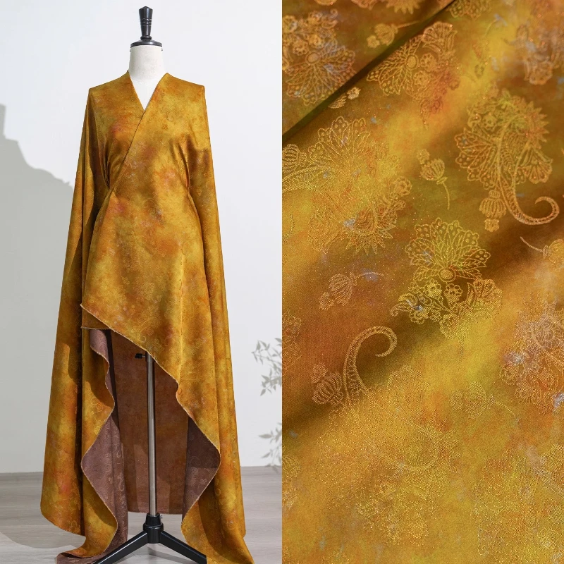 

Golden Yellow Cashew Satin Jacquard Fabric Handmade Sewing DIY Wrinkle Resistant Cheongsam Dress Designer Textile Decoration