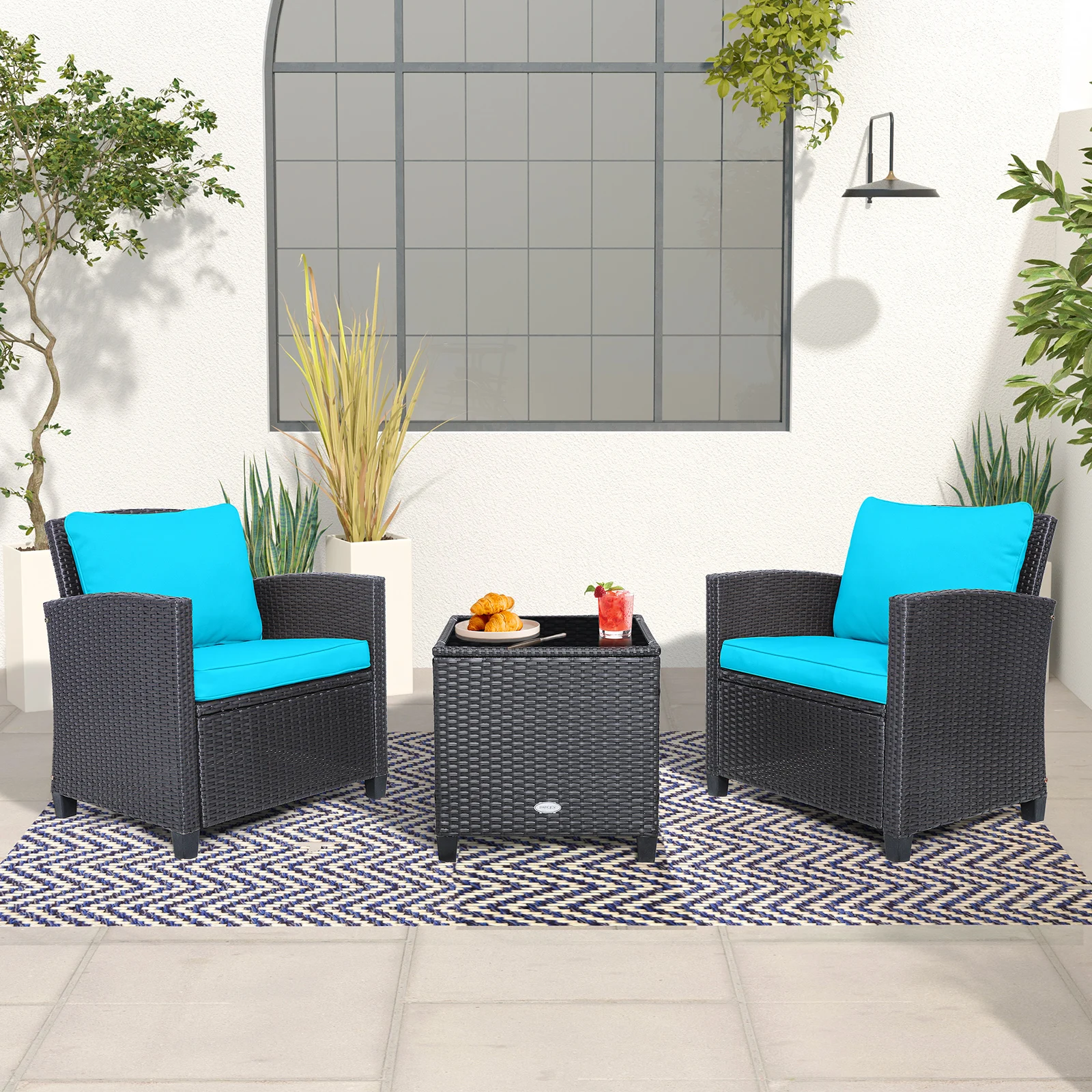 3PCS Patio Wicker Furniture Set with Beige &Turquoise Cushion Covers Balcony