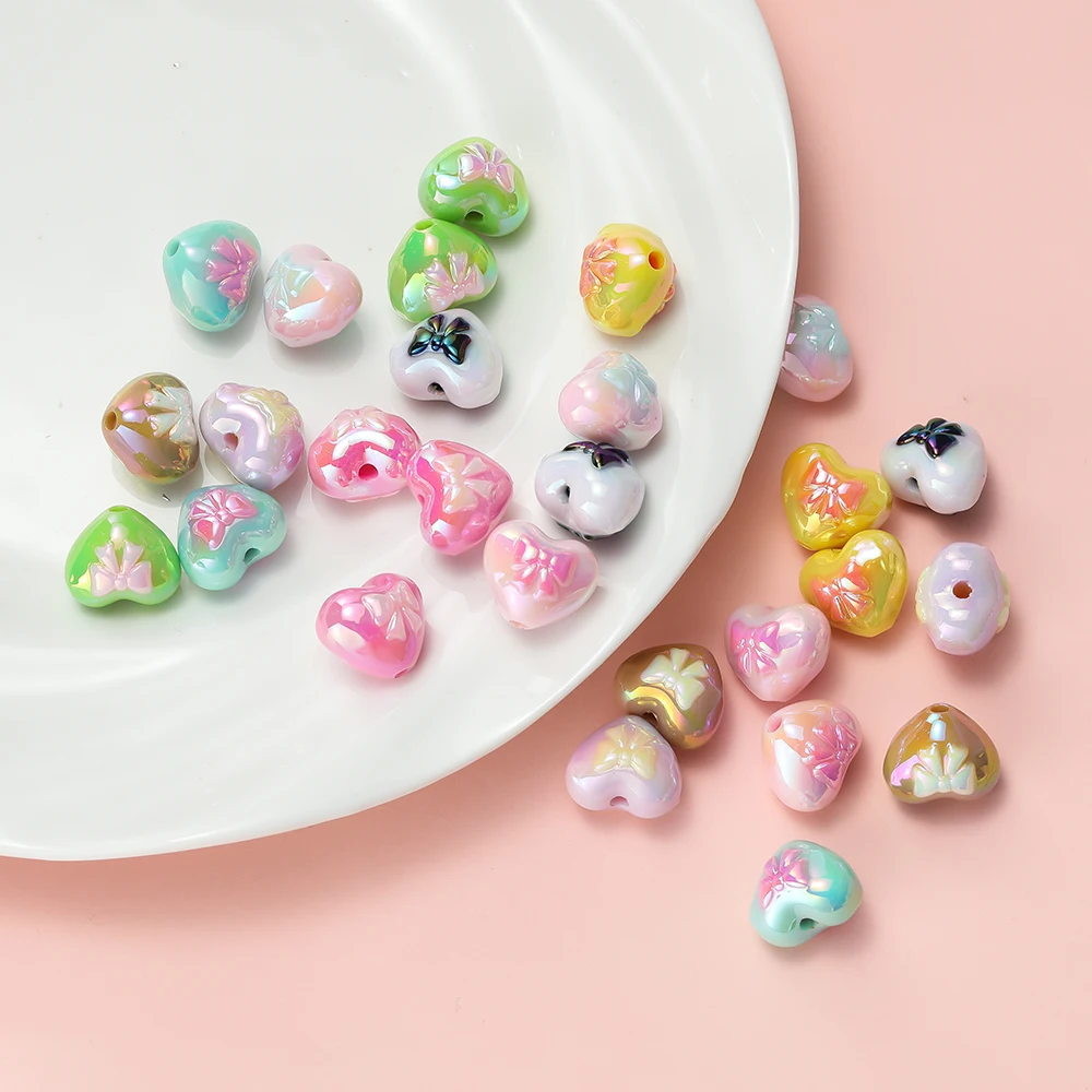 4Pcs/Lot Acrylic Two-Color Heart Beads Bow Tie Printed Loose Spacer Beads for DIY Bracelet Necklace Jewelry Making Accessories