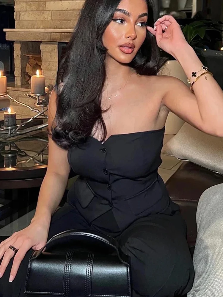 HH 2024 Women Summer Soild Shorts Skirts Set Casual Tube Top With Front Button Tube Corset+Slim Slit Shorts Office Lady Suit