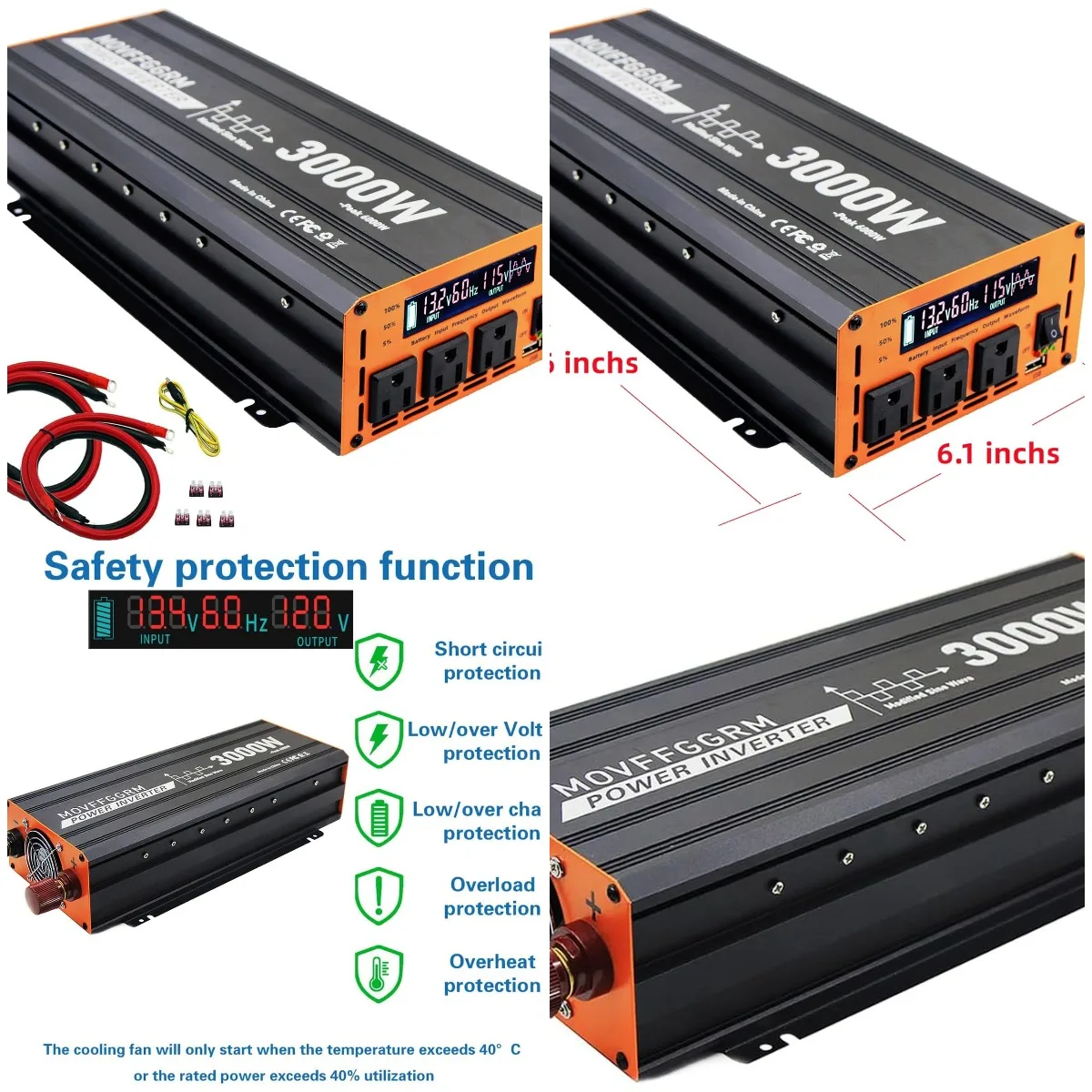 

Преобразователь мощности 3000 Вт, преобразователь постоянного тока/грузовика/фургона 12 В постоянного тока в 110 В переменного тока, со светодиодным дисплеем, 3 розетки переменного тока, USB-порт