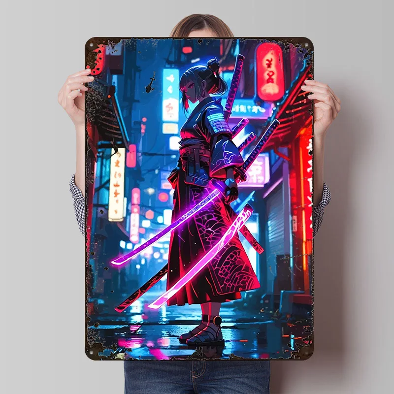 Cyberpunk Samurai-Mädchen mit Neon-Schwertern Metallposter Individualisierte Wandkunst Retro Vintage Metallschilder für Bürodekoration