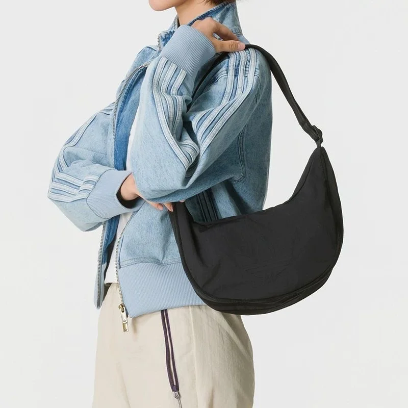 Adidas Originals 4.8L Brand Logo Zipper Closure Nylon Half-Moon Crossbody Bag, Unisex, Black KR9048