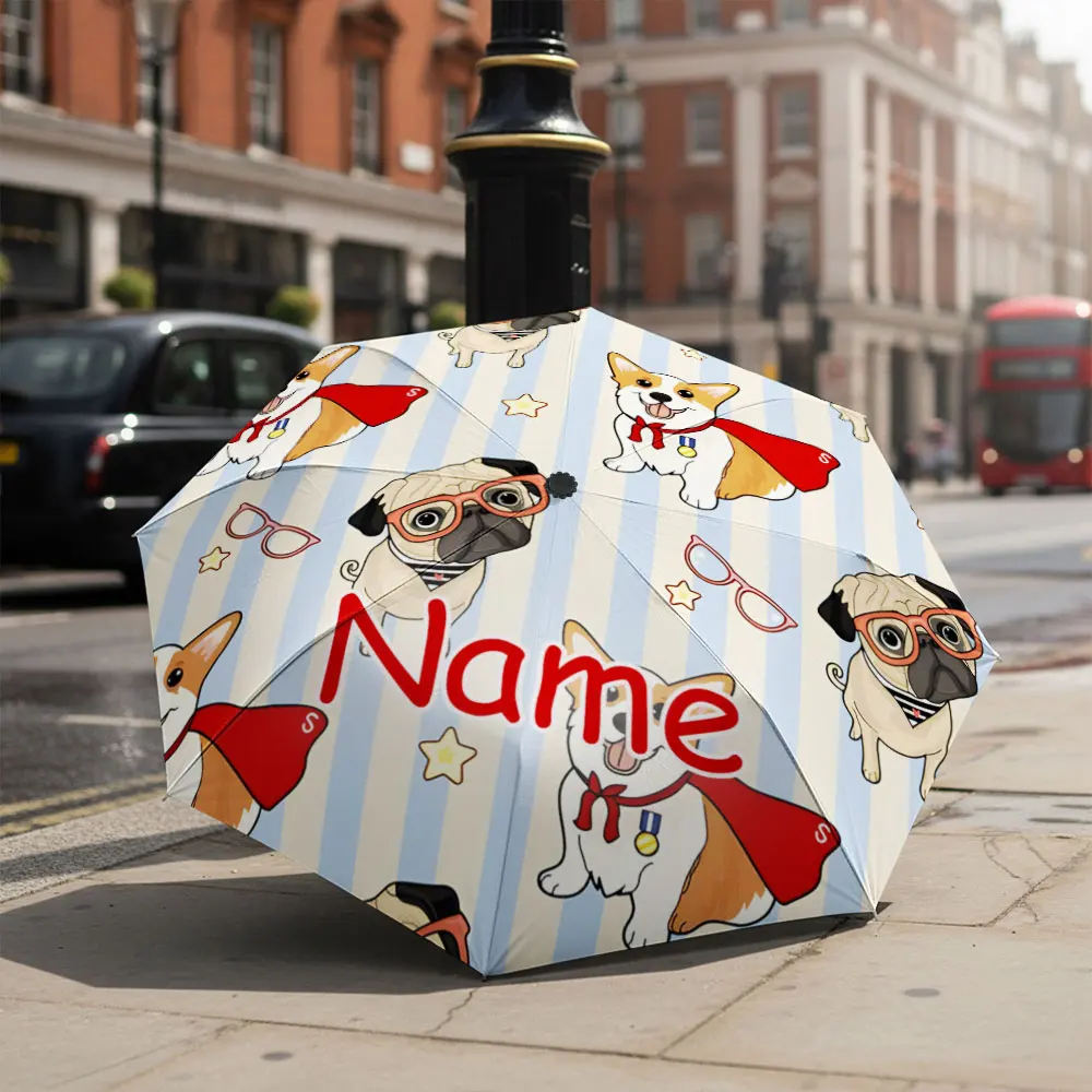 Paraguas con Nombre Personalizado, Paraguas con Estampado de Perros Superhéroes - Diseño Adorable de Pug y Corgi, Paraguas Plegable de Moda para Días Soleados y Lluviosos