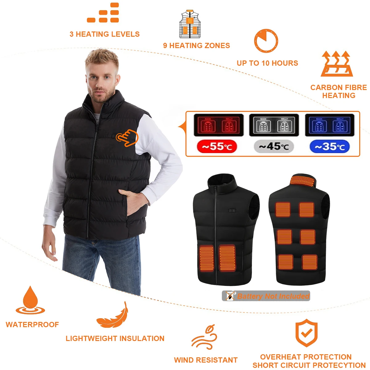 Men's Heated Vest, Winter Warmth Outdoor USB Heated Vest with 9 Carbon Fiber Heating Pads, 3 Temperature Levels