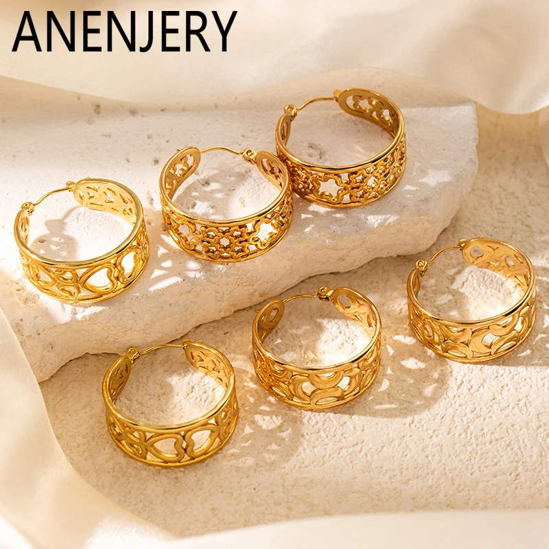 ANENJERY 316L Stainless Steel Hollow Imitation Pearls Geometry Earrings For Women Vintage French Jewelry Gifts Wholesale