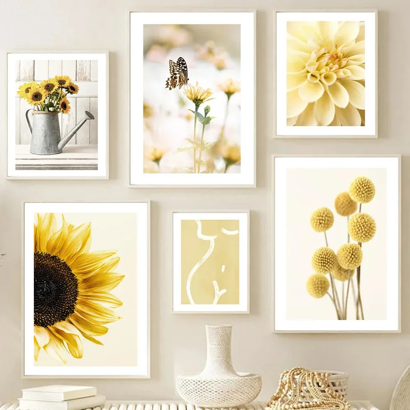 Nordic Yellow Dahlia Sunflower Orchid Butterfly Beige Wall Art Canvas Painting Posters And Prints Pictures For Living Room Decor