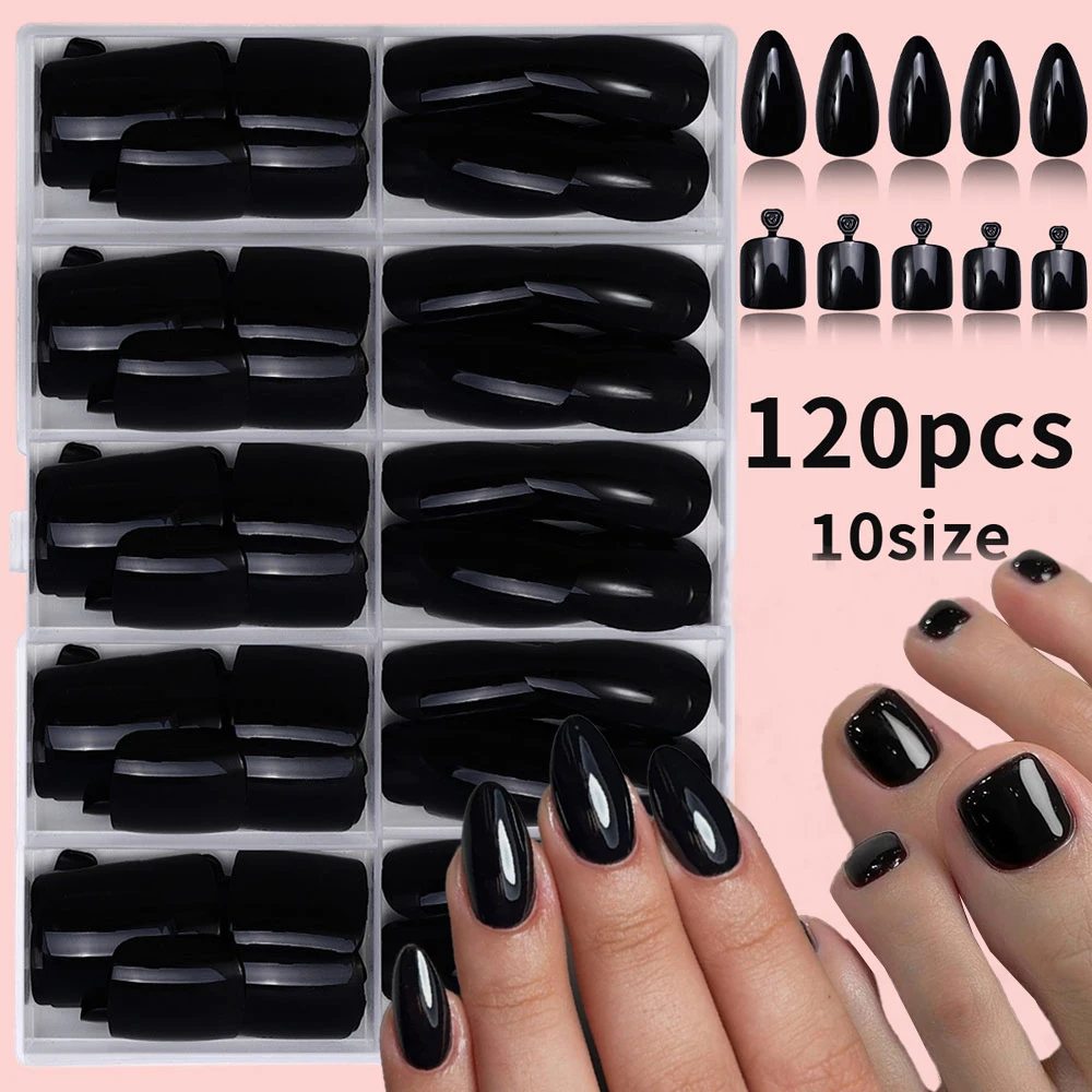 

120Pcs Black Fingernails Toenails Acrylic Fake Nails Square Almond Design Nail Tips For Feet & Hands Fashionable Press On Nails#