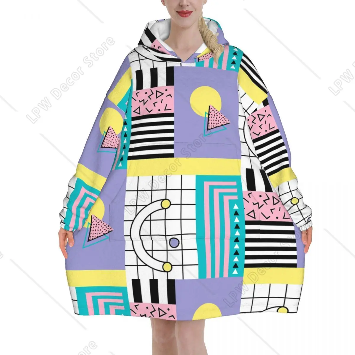 

Носимое одеяло в современном стиле Мемфис, толстовка с капюшоном в виде подарков для женщин, теплое уютное одеяло с геометрическим рисунком, толстовка