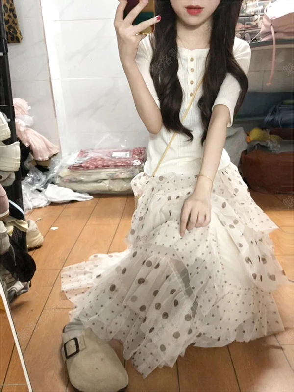 

Korean Fairy Style Polka Dot Mesh Puffy Half Skirt Women's High Waist A-Line Loose Layered Cake Long Skirt Asymmetrical Commute