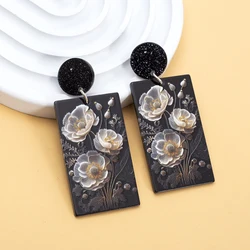 New Fashion Black Acrylic Dangle Earrings For Women Vintage Style Elegant White Flower Relievo Printing Trend 2024 Girls Jewelry