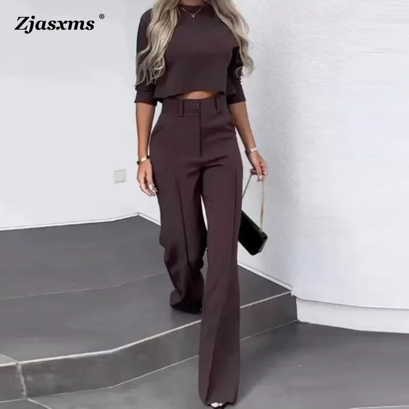 

Female Casual Outfit Lady Batwing Sleeve Sets Women Solid Color Commuting Mid-Sleeve Midriff Top High-Waisted Wide-Leg Pant Suit