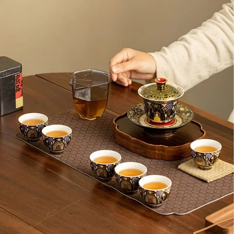 Dunhuang Style Dehua Ceramic Heat-resistant Lid Bowl Tea Cup Kung Fu Tea Set Gold and Silver Gift Box Set