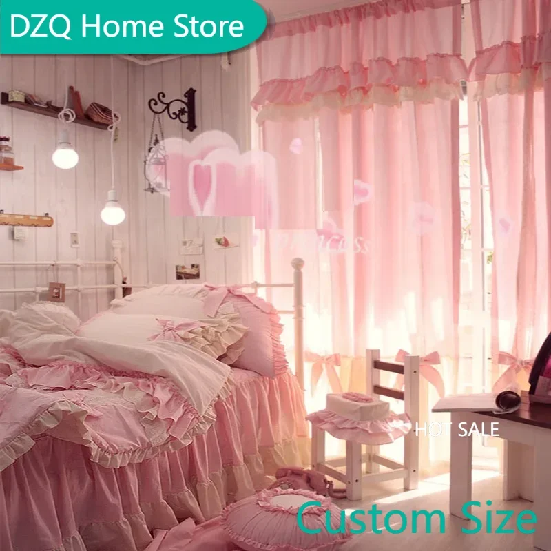 

2 pcs 100% Cotton Romantic Princess Curtains for Girl's Bedroom Sweet Pink Cortinas with Valance Bowties Pastoral Ruffles Drapes
