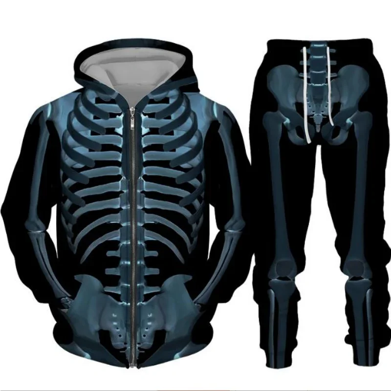 Skull Skeleton 3D พิมพ์ผู้ชาย Hoodies Casual Hallowmas ซิป + Sweatpants กีฬา 2 ชิ้นชุดแขนยาวเสื้อผ้า