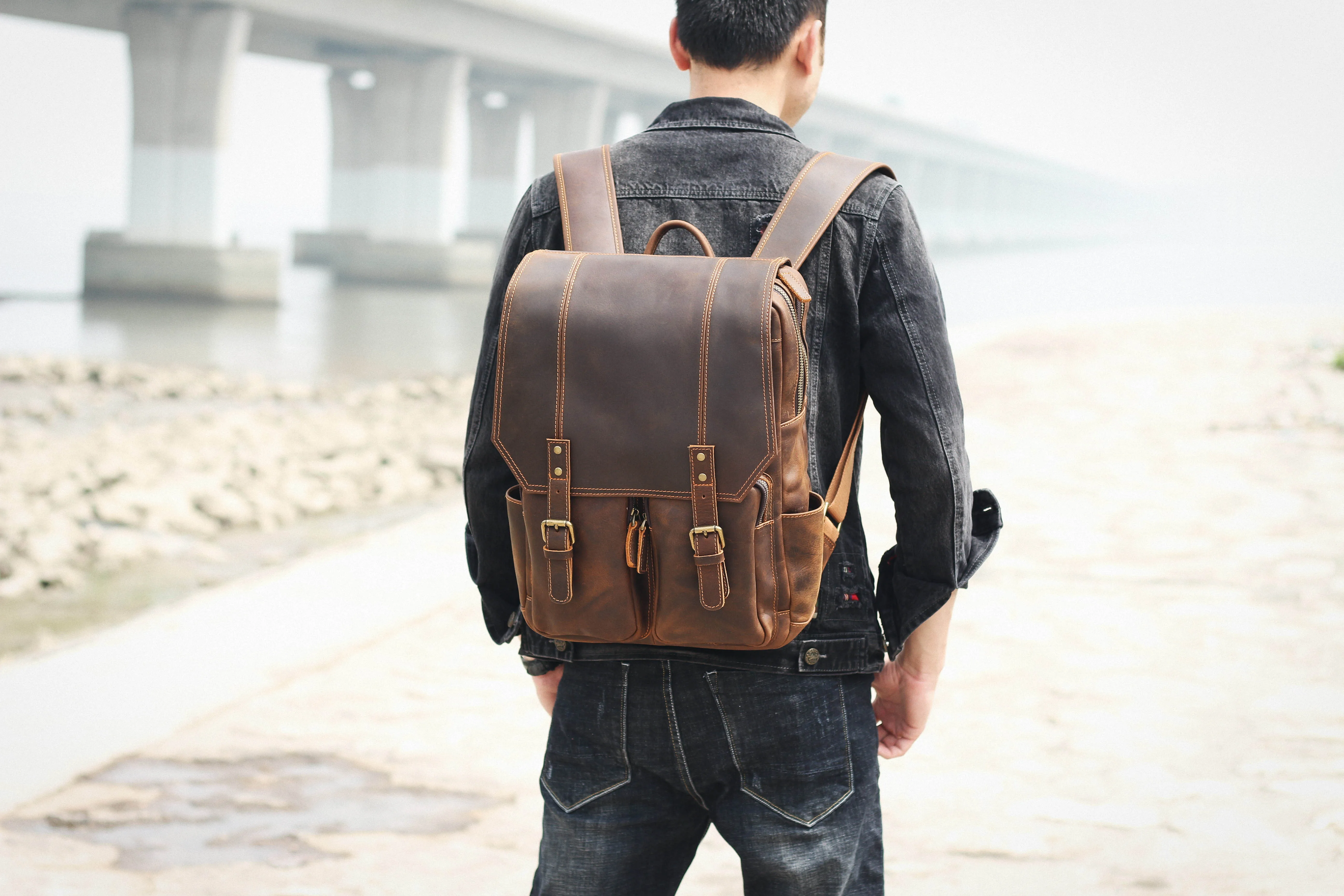 S.WORKER Vintage Echtleder-Rucksack Laptop-Tasche Lässige Crazy-Horse-Leder Schultasche Outdoor-Reise-Weekender-Tasche – Detail 7