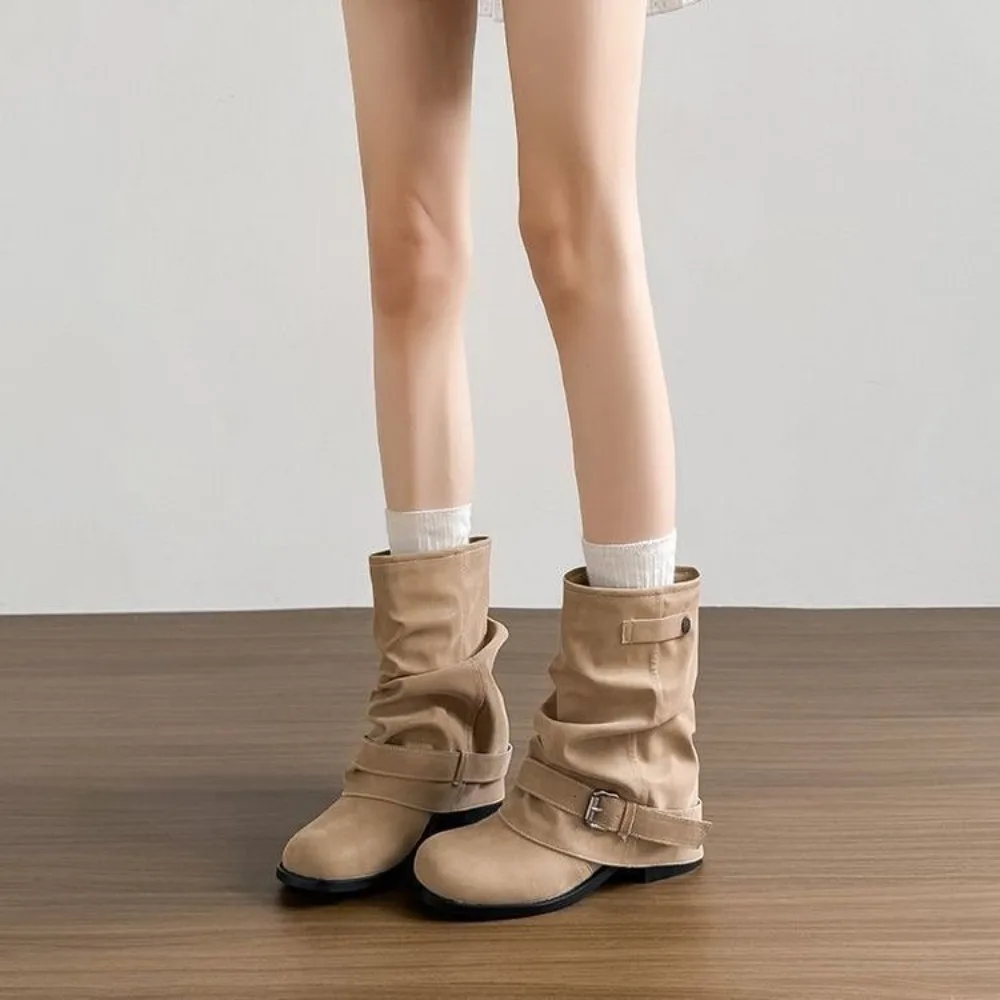 Women Slouch Fold‑Over Mid Short Boots,Single Metal Buckle Ruched‑Tube Round Toe Hidden Height‑Increase Casual Boots Black Khaki view 2
