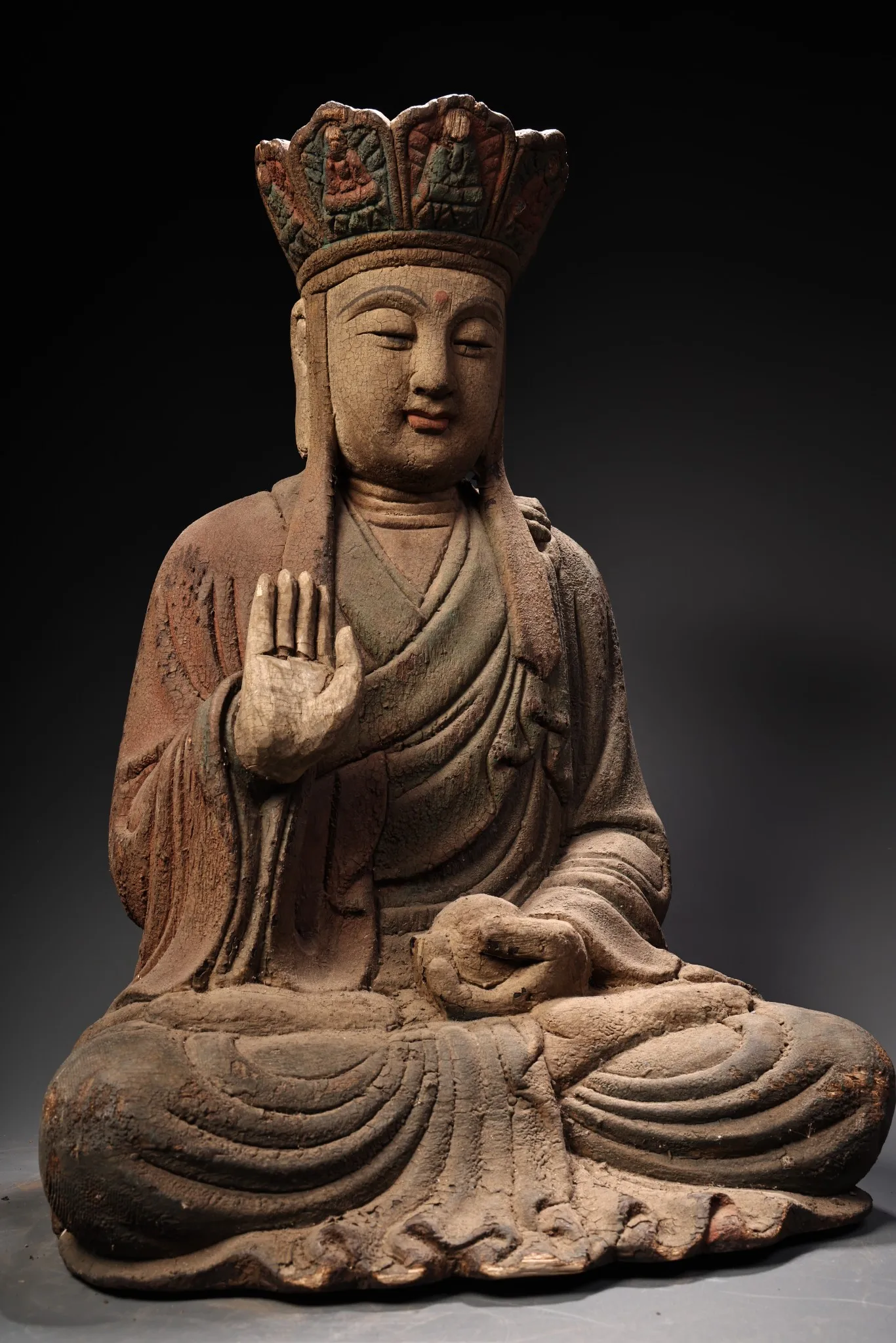 

16"Tibetan Temple Collection Old Wood Carving Painted Ksitigarbha Bodhisattva Sitting Buddha Amitabha Worship Hall Town house