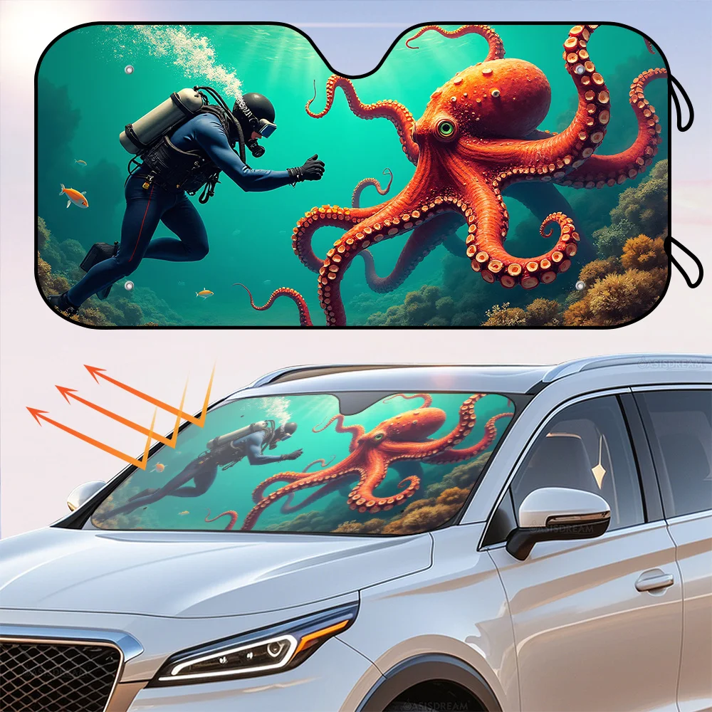 

Солнцезащитный козырек на лобовое стекло OASISDREAM Octopus & Diver RV — складная крышка переднего окна 57 x 27,5 дюймов, защита от ультрафиолета, тепловое отражение, Kee