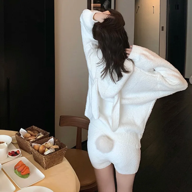 Women Pajama Sets Solid Cute Rabbit Ears Cardigans Pants Shorts Three-piece Suit Casual Popular Plus Velvet Sweet Girl Soft Ins