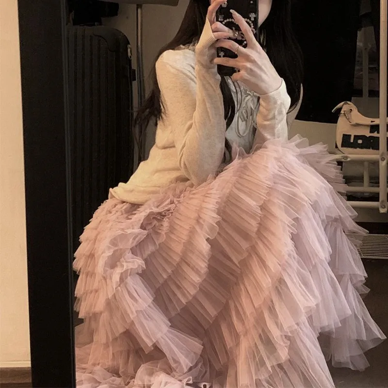 

Summer Women Multilayer Ruffles Tulle Skirt Pleated High Waist Fluffy Maxi Skirt Fairy Cake Dress Long Tutu Party Skirt NS5979