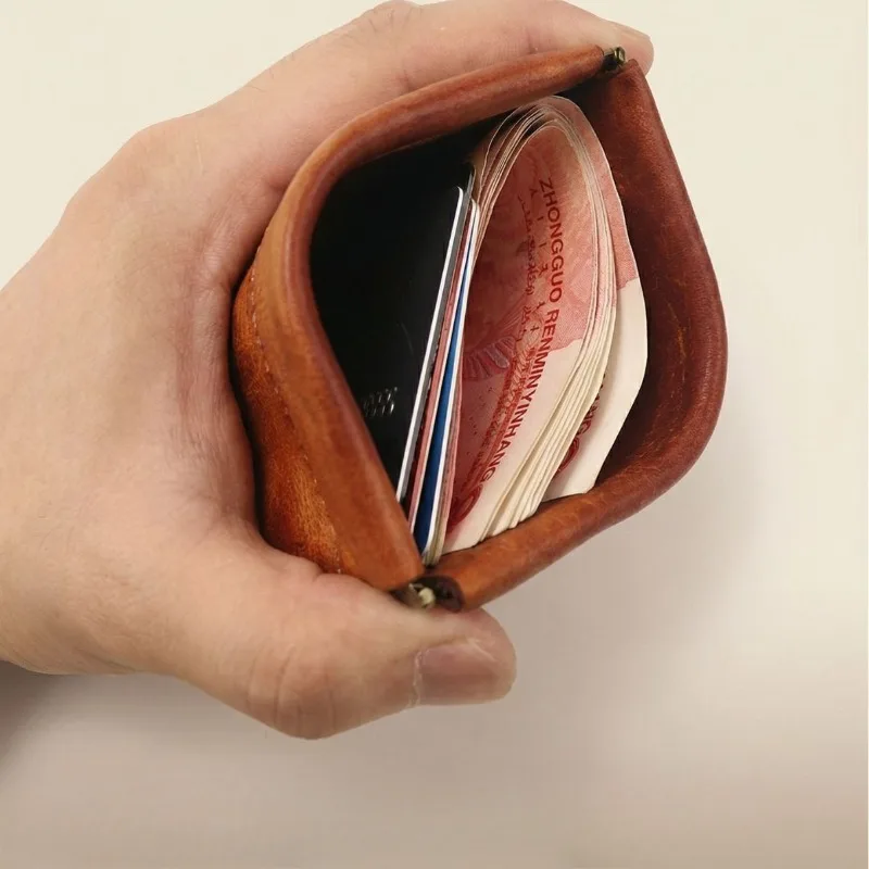 Ultra-Compact Mini Leather Coin Purse, Vintage Squeezed Closure Change Pouch, Pocket-Sized Small Wallet for Daily Carry & Travel