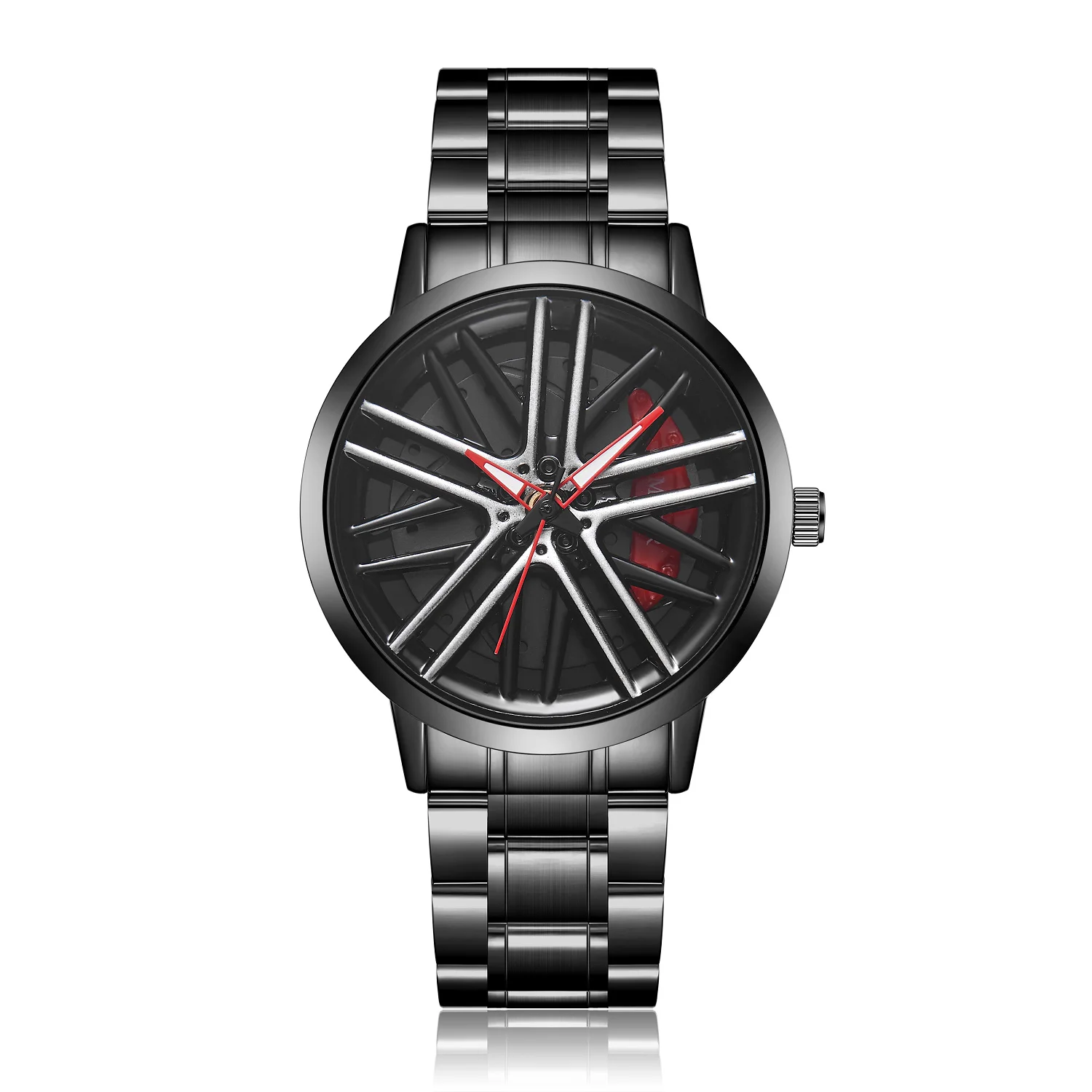 Hot Sell Stainless Steel Band Watch Premium Quartz Movement Car Rim Wheel Shaped Rotating Dial Relogio Masculino