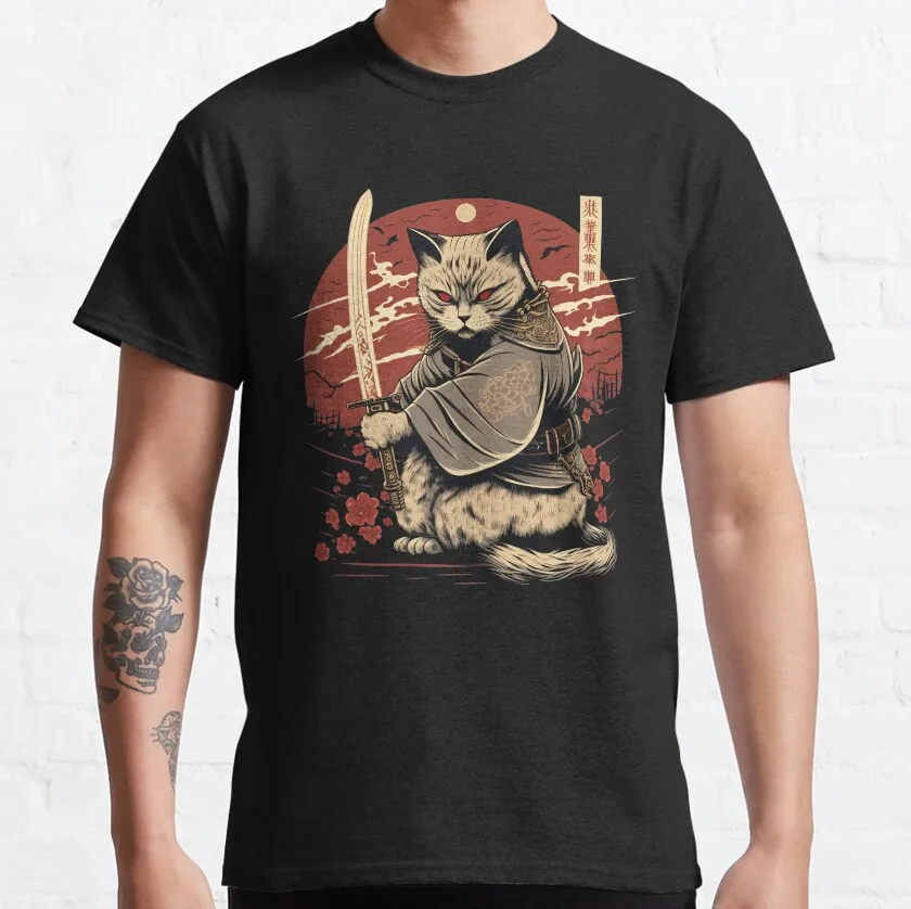 vintage last Samurai Catana Japan warrior cat ninja cat anime t shirt catzilla 100% cotton printed plus size men's clothing