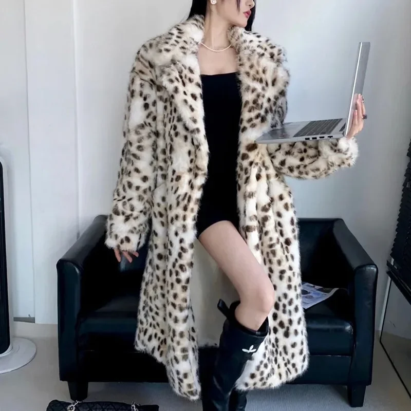 

Women's Fake Fur Coat Winter Thickened Faux Fur Coat Leopard Print Long Fox Plush Jacket Artificial Fur Coat