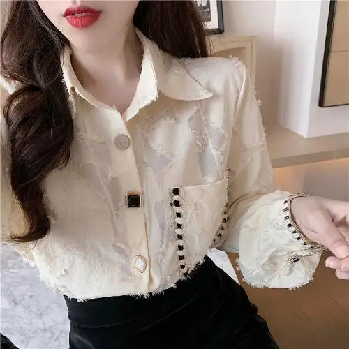 Retro Style Korean Version Dark Patterned Jacquard Fashion Super Fairy Contrasting Lace Reduces Age and Slimming Shirt