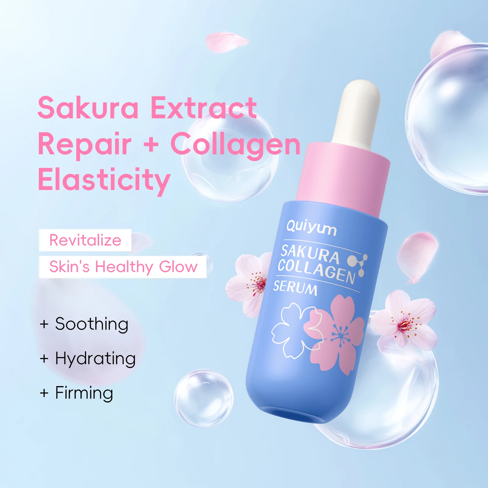 Sérum de Colágeno Quiyum Sakura de 30ml com Extrato de Prunus Lannesiana, Acetil Hexapeptídeo-8, Vitamina C e Ácido Hialurônico para Iluminação da Pel