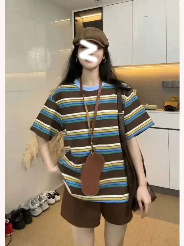 

Salt Series Short Sleeve Set Striped Casual Sports Wear Commute Student Short Sleeve Shorts Two Piece Set Summer 2026