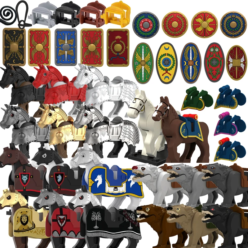 Medieval Castle Series Building Block Wolf  Horse Warrior Figure Roman Legion Soldier Shield Cavalry Horse Rope Saddle Brick Toy