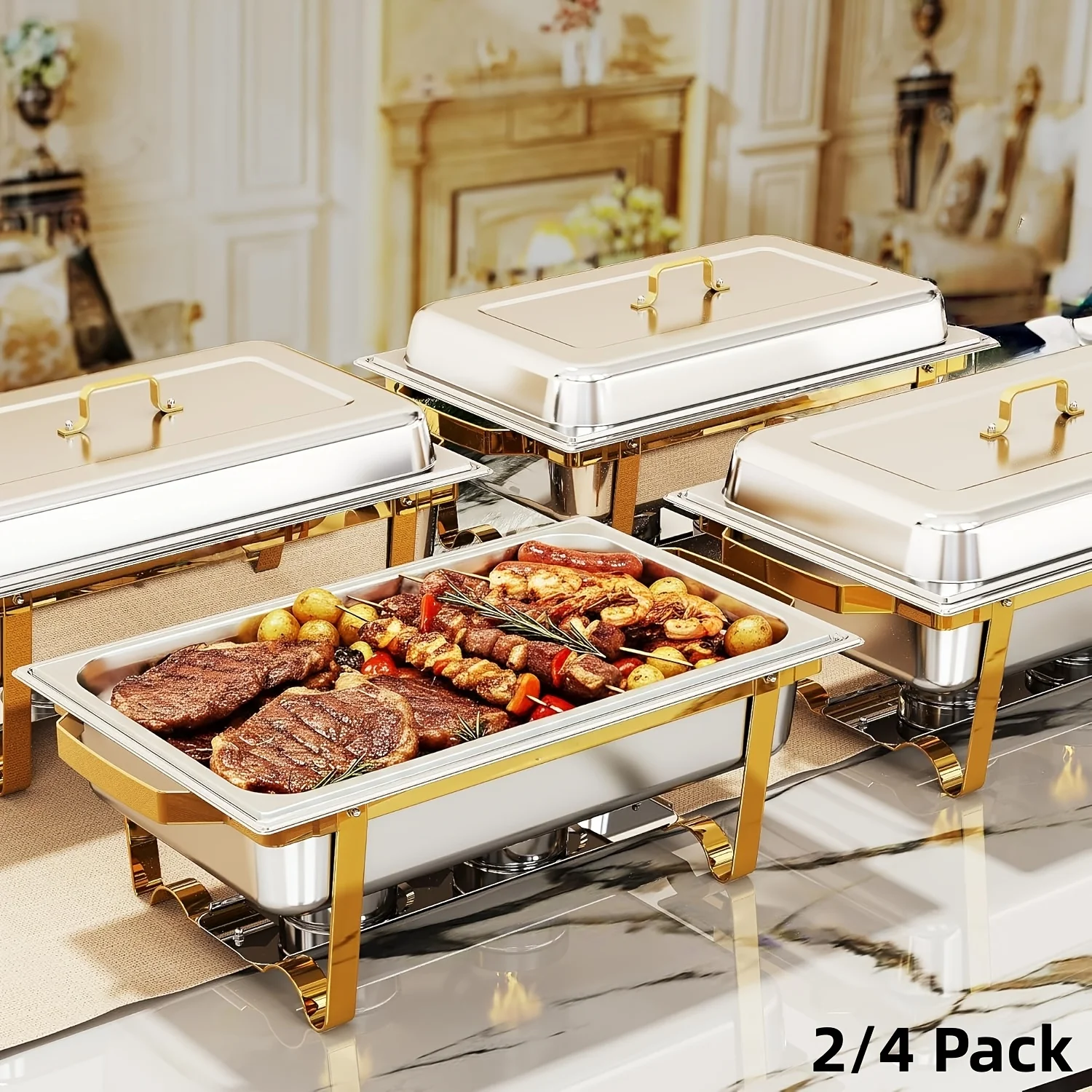 

9QT 2/4 Pack Golden Chafing Dish Buffet Set, Stainless Steel Chafers and Buffet Warmers with Full-Size Pans, Elegant Golden & Silver Finish, Catering Equipment for Weddings, Parties, Banquets, Events, Only for Cooking