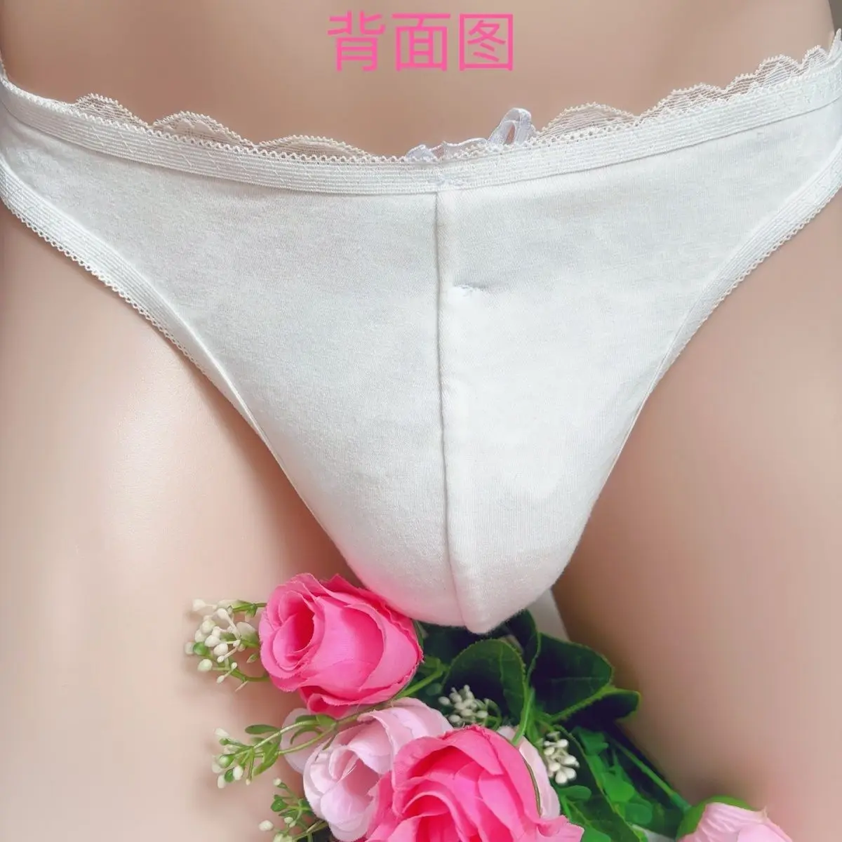 Men Sexy Low Waist T-back Comfortable Soft Convex Pouch Thong Cute Lace Flower Erotic Sissy G-string Live Show Dance Party BF