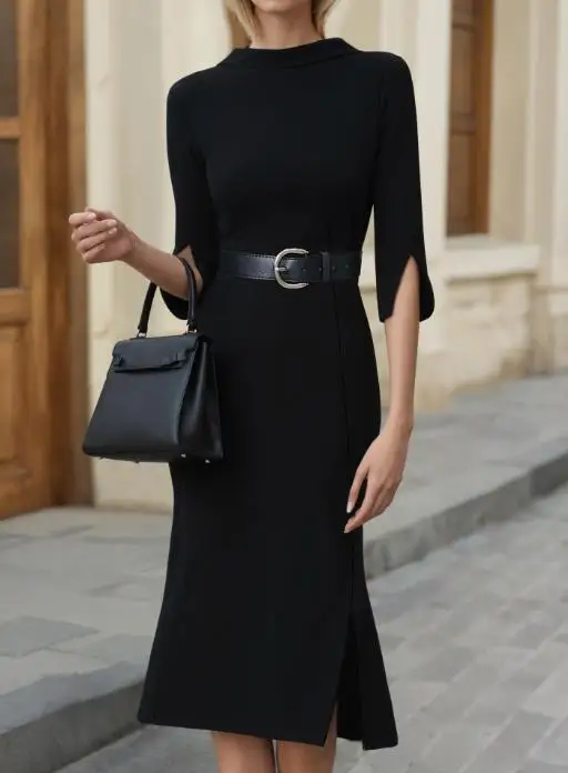 

Women Dresses 2026 Spring Autumn New Solid Color Round Neck Long Sleeve Elegant Temperament Cinched Waist Commute Long Dress
